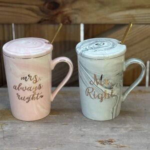 Set of Mr. & Mrs. Right Gray & Pink Marbled Tall Coffee Mugs, Lids & Spoons 12oz